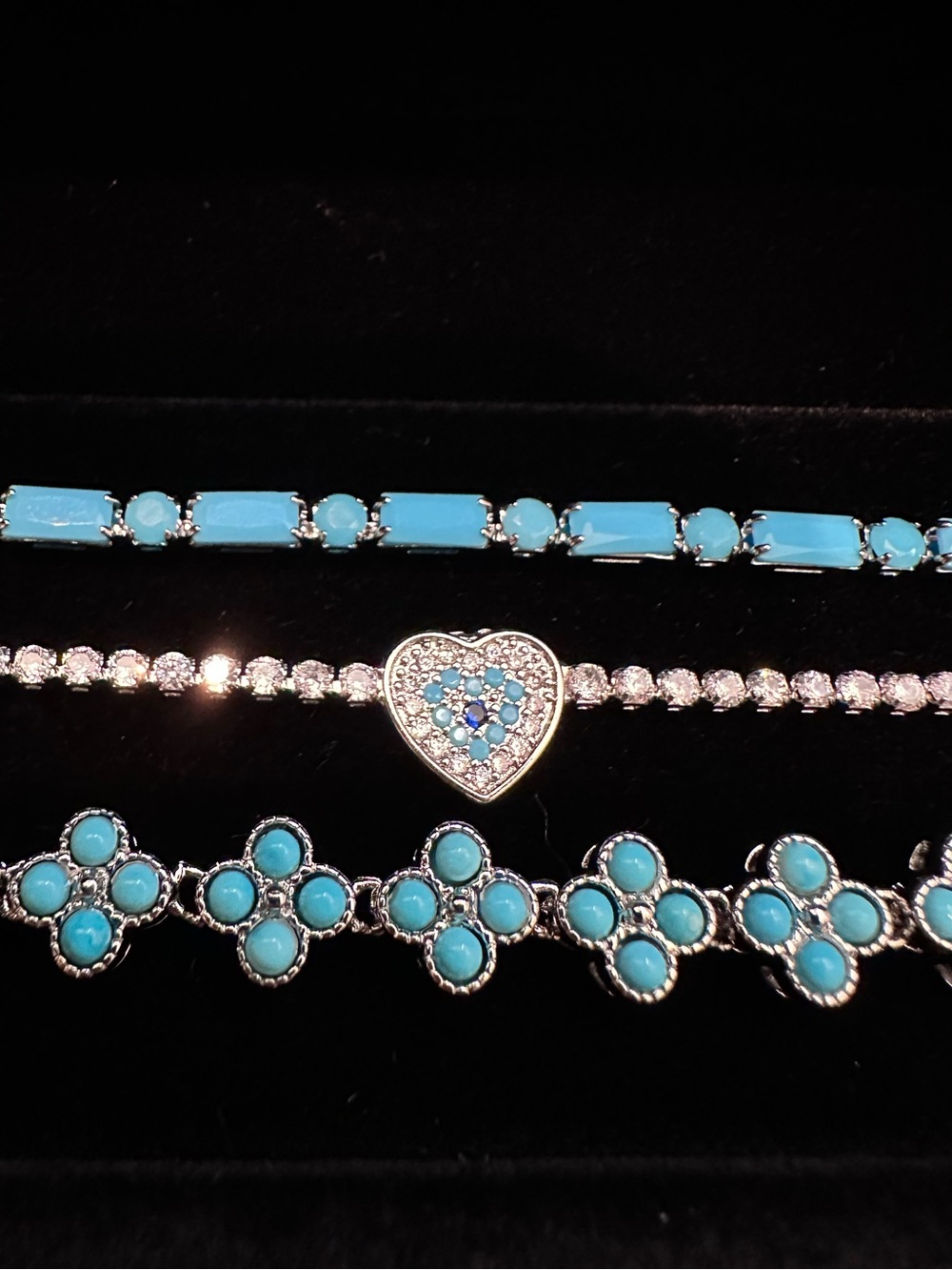 Silver evil eye + turquoise clover/flower bracelet stack - Picture 4 of 4